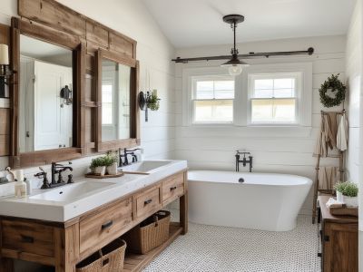Farmhouse style bathroom design featuring rustic materials, vintage fixtures, and cozy farmhouse aesthetic