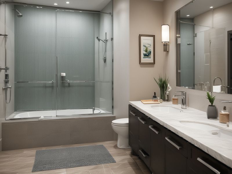 Professional bathroom design workspace showing planning materials, samples, and 3D visualization software