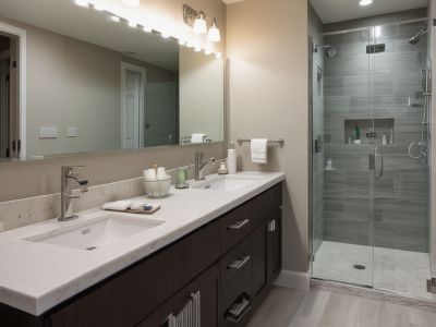 After: bathroom with double vanity, enhanced lighting, storage solutions, and modern toilet installation
