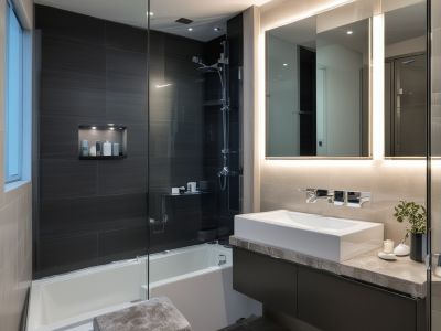 LED bathroom lighting installation with dimmer switches and modern fixtures