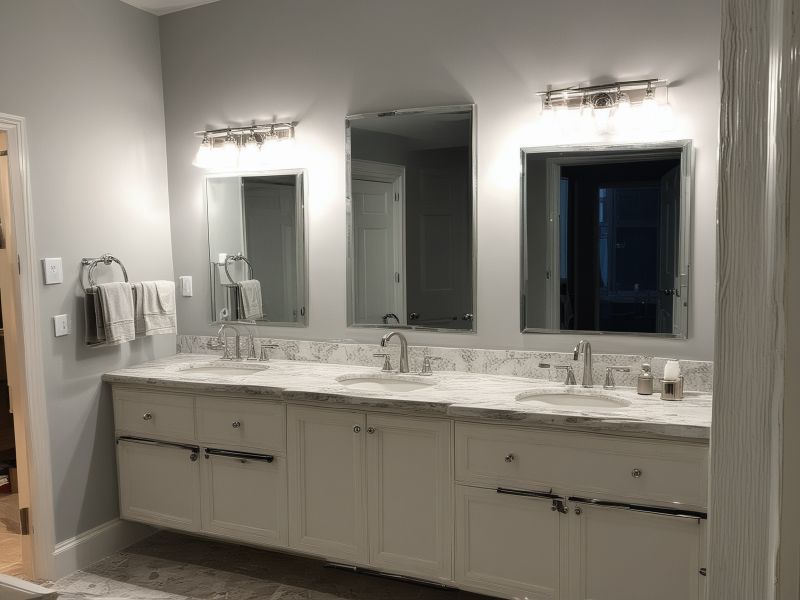 Professional bathroom fixture installation showing new vanity, lighting, and modern accessories being installed