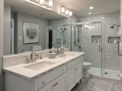 After renovation: modern bathroom with new fixtures, fresh tile, excellent lighting, and increased storage