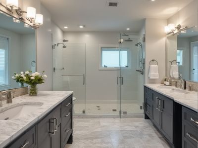 After renovation: spacious bathroom with walk-in shower, double vanity, luxury finishes, and modern design