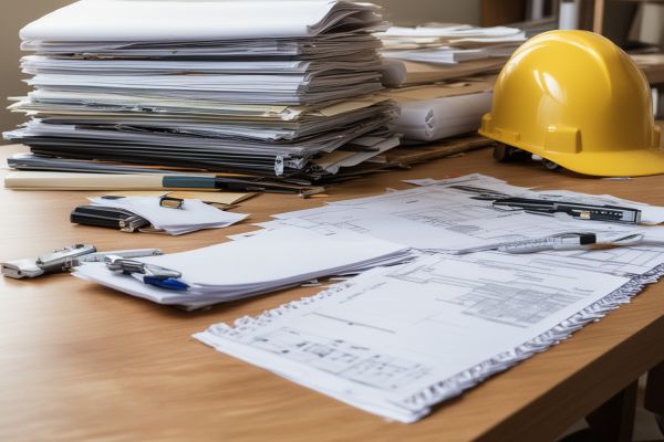 Construction permits, building documentation, and project planning materials arranged on professional desk