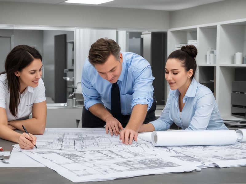 Professional bathroom renovation team working with detailed blueprints, design plans, and project materials in modern office setting
