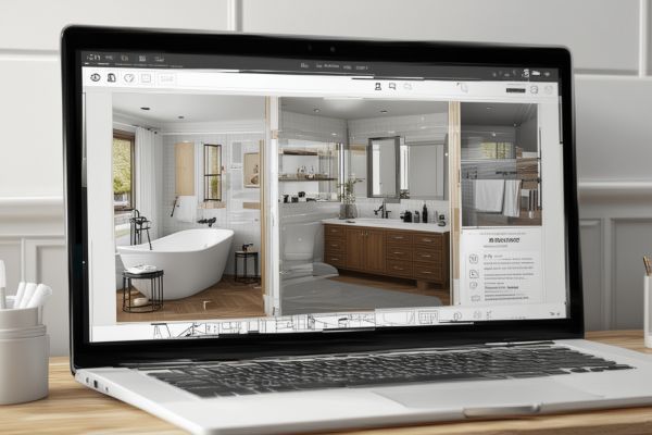 Modern bathroom design visualization on computer screen showing 3D renderings, material selections, and digital planning tools