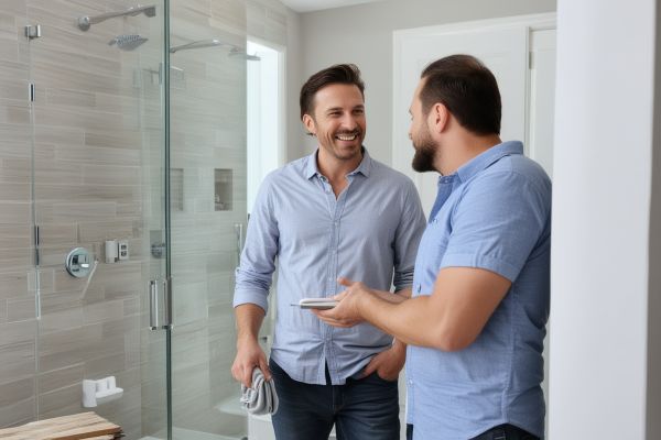 Happy homeowner and professional contractor conducting final walkthrough of completed modern bathroom renovation project