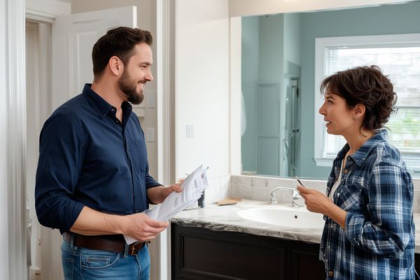 Professional contractor conducting initial bathroom consultation with homeowner, examining current fixtures and discussing renovation goals