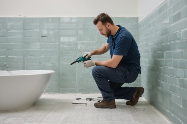 Skilled craftsman installing modern bathroom tiles with professional tools in bright clean construction workspace