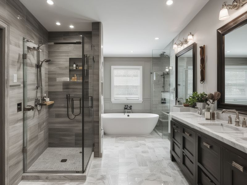 Professional bathroom renovation tools and materials layout showing quality craftsmanship setup