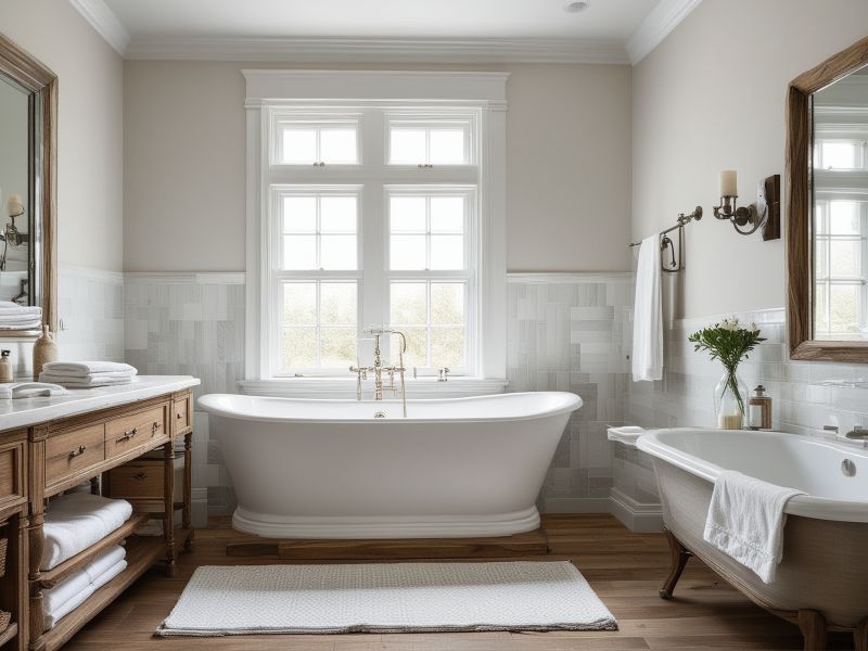 Traditional bathroom design with freestanding tub, wood accents, and natural lighting elements