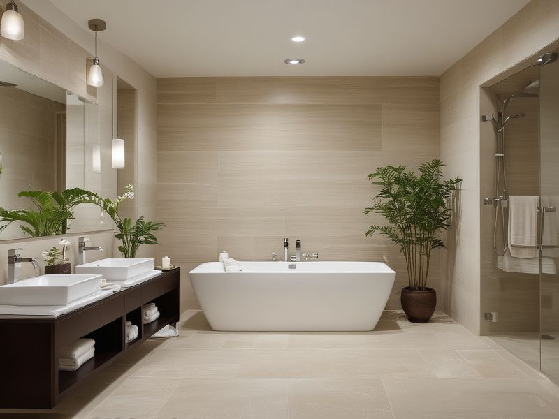 Minimalist zen bathroom with clean lines, neutral colors, and spa-like tranquil atmosphere