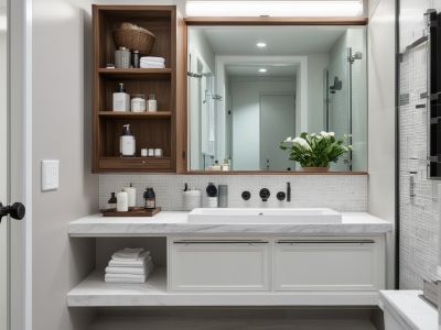 After renovation: efficient small bathroom with smart storage, modern fixtures, and optimized layout