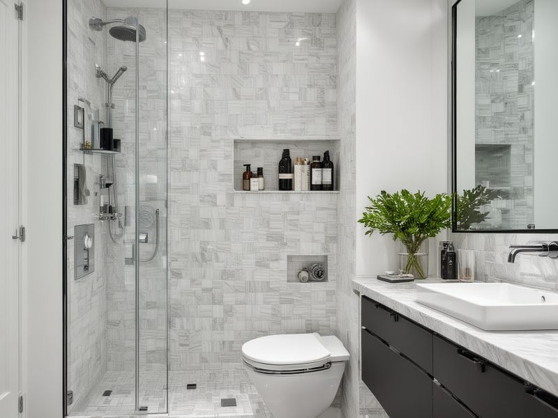 Compact modern bathroom with white marble tiles, smart storage solutions, and contemporary fixtures