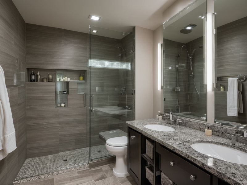 Contemporary bathroom with granite vanity, glass shower, and sophisticated LED lighting design