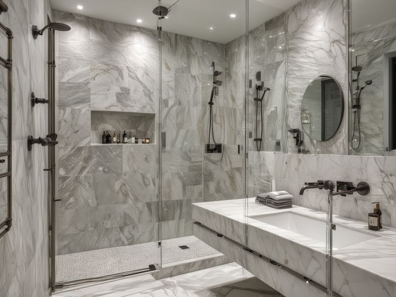Luxury modern bathroom with walk-in shower, marble walls, and elegant fixtures in contemporary design