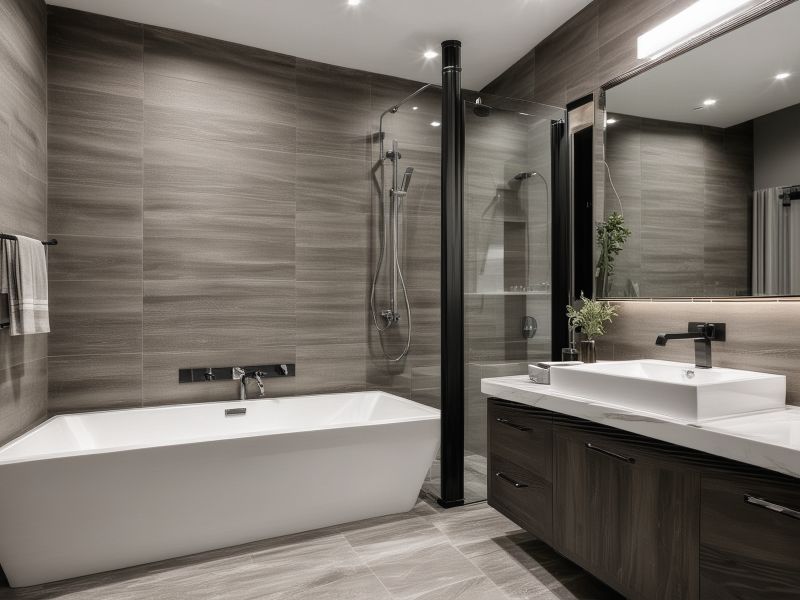 Professional bathroom renovation workspace showing modern bathroom fixtures and materials in elegant setting