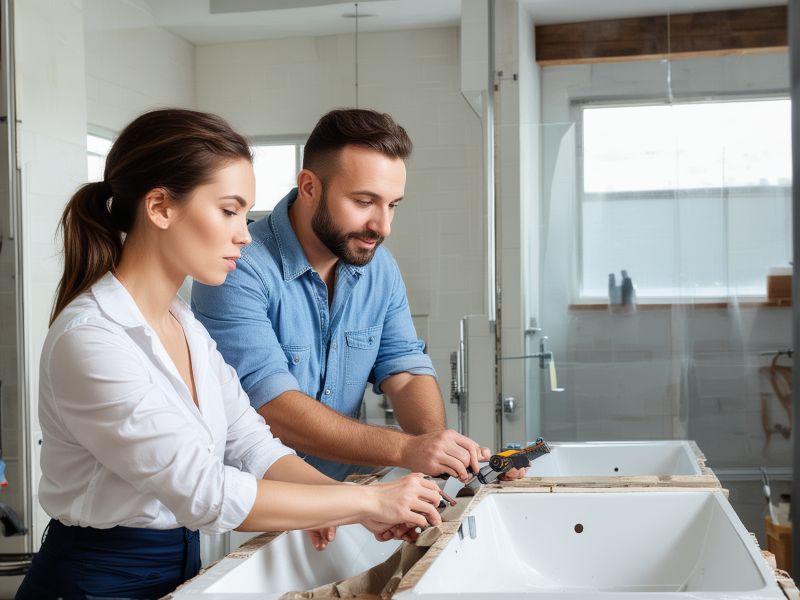 Professional bathroom renovation team working together in modern workshop setting with tools and materials